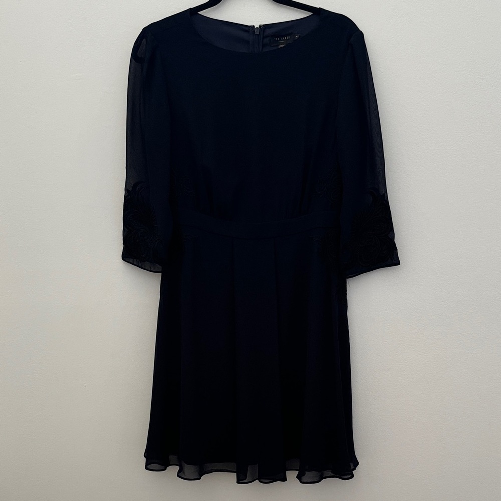 Ted Baker Navy Blue Sleeved Chiffon Dress with Black Embroidery Detail - Picture 2 of 7